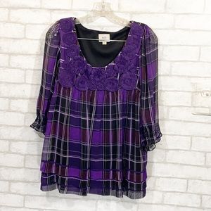 Eci purple plaid blouse fabric flowers detail 8